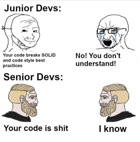 TL;DR: A meme contrasting the reactions of junior and senior developers to code quality, using exaggerated facial expressions for humor.

The image is a four-panel meme depicting a humorous take on the difference between junior and senior developers' attitudes towards coding practices. In the top two panels, labeled "Junior Devs," there are two drawings of a male character with a concerned expression. The first panel has text that reads "Your code breaks SOLID and code style best practices," showing the character's concern for adherence to coding standards. The second panel shows the same character crying with glasses askew, saying "No! You don't understand!"

The bottom two panels, labeled "Senior Devs," feature a more confidently drawn male character with a beard. The first panel has the text "Your code is shit," to which the character nonchalantly responds in the next panel with "I know," implying a resigned acknowledgment of the code's quality. The humor lies in the junior developer's panic and the senior developer's stoic acceptance.