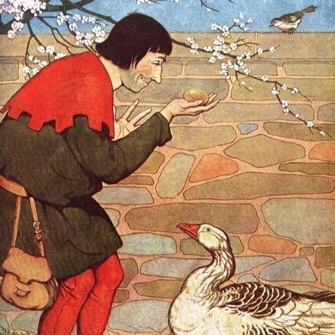 Artwork by Milo Winter showing a man standing in front of a goose holding a golden egg