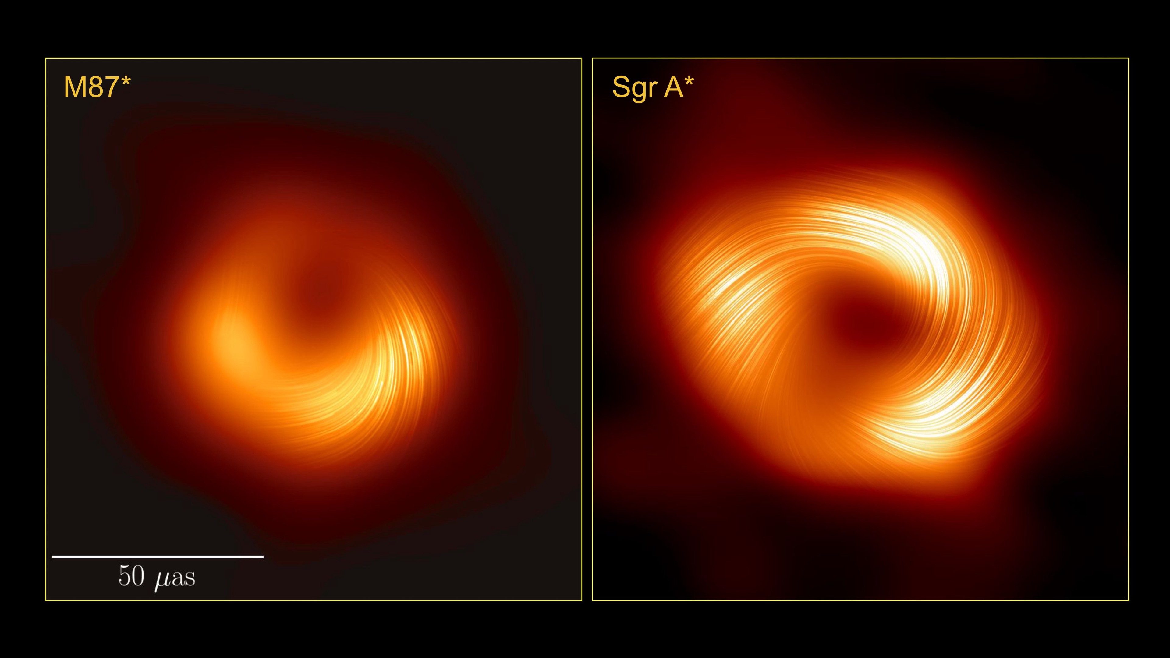 Two orange rings with hairy spiral structures. Left: image of black hole in M87, right: black hole Sagittarius A* in the Galactic Center. By Event Horizon Telescope 2024