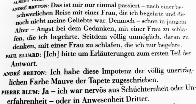 Foto der Druckseite mit dem Zitat "ANDRÉ BRETON: Ich habe diese #Impotenz der völlig unerträglichen Farbe Mauve der Tapete zugeschrieben."