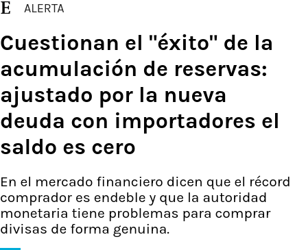 «Cuestionan el "éxito" de la acumulación de reservas: ajustado por la nueva deuda con importadores el saldo es cero»