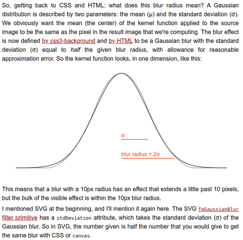 So, getting back to CSS and HTML: what does this blur radius mean? A Gaussian distribution is described by two parameters: the mean (μ) and the standard deviation (σ). We obviously want the mean (the center) of the kernel function applied to the source image to be the same as the pixel in the result image that we're computing. The blur effect is now defined by css3-background and by HTML to be a Gaussian blur with the standard deviation (σ) equal to half the given blur radius, with allowance for reasonable approximation error.

This means that a blur with a 10px radius has an effect that extends a little past 10 pixels, but the bulk of the visible effect is within the 10px blur radius.

I mentioned SVG at the beginning, and I'll mention it again here. The SVG feGaussianBlur filter primitive has a stdDeviation attribute, which takes the standard deviation (σ) of the Gaussian blur. So in SVG, the number given is half the number that you would give to get the same blur with CSS or canvas.