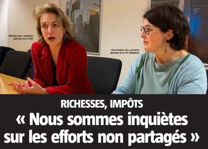 Marylise Léon, secrétaire générale de la CFDT, et Marie-Hélène Ska, à la tête de la confédération des syndicats chrétiens (CSC) en Belgique. Texte : Richesses, impôts "Nous sommes inquiètes sur les efforts non partagés"