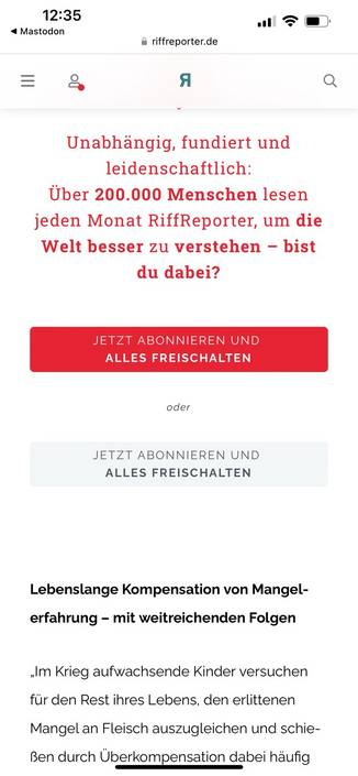 Zwei Buttons mit gleichem Text Jetzt abonnieren und alles freischalten auf der Webseite der Riffreporter