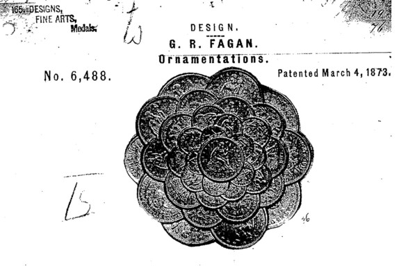 From the spec: "The design is fully represented in the accompanying photographic illustration, to which reference is made; and consists of a piece of material cast or Wrought so as to represent a
group or pile of coins lying superposed upon
each other. The design may be made to represent gold, silver, or copper coins of the
United States, or any foreign nation or nations, the essential feature of the design being
the group or pile of coin. This design is in
tended to be affixed upon paper-weigh…