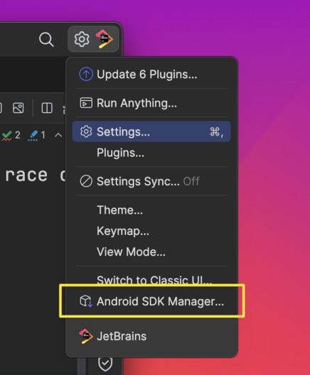 Settings gear icon showing Android SDK Manager option in JetBrains Rider
