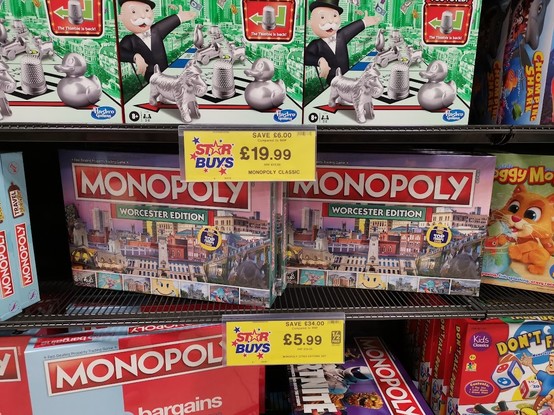 A photo of Worcester themed Monopoly boards in Home Bargains.