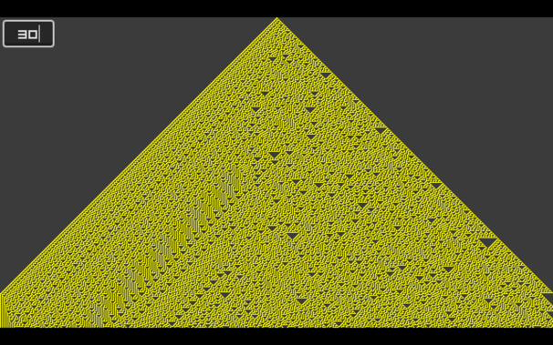 Rule 30 cellular automaton.  A yellow triangle with apparent randomness, yet the rules are deterministic.