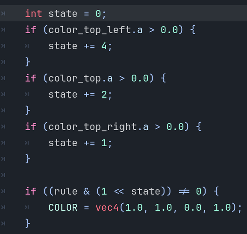 A short GLSL code snippet showing the "triangle" rule kernel running on the GPU.  Only the three pixels above a pixel matter for the "triangle" cellular automaton.