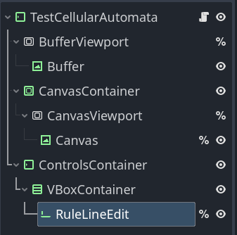 The scene tree.  The Buffer uses a ViewportTexture of the CanvasViewport, and the Canvas uses a ViewportTexture of the BufferViewport.