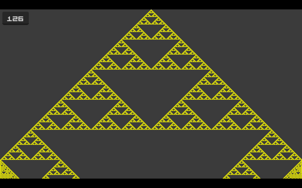 Rule 126 cellular automaton.  A yellow triangle looking like a recursive triforce (sierpinski)..