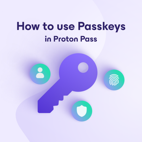 An illustration of a key, with icons for a person, fingerprint and shield, with the caption 'How to use passkeys in Proton Pass'
