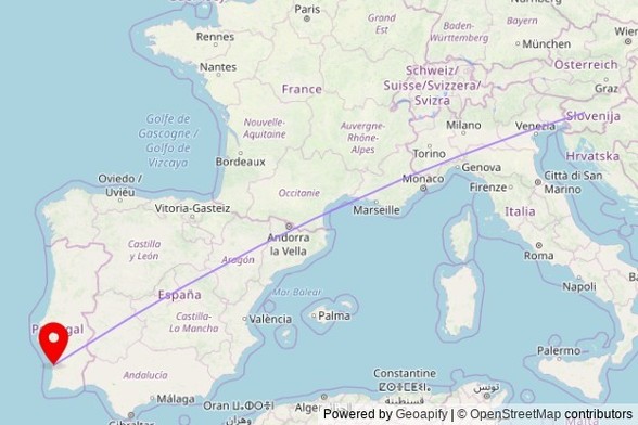 A map showing the great circle route from Ljubljana in Slovenia to a map pin at Igreja de Nossa Senhora da Soledade, Travessa da Igreja, 7520-432 Sines, Portugal