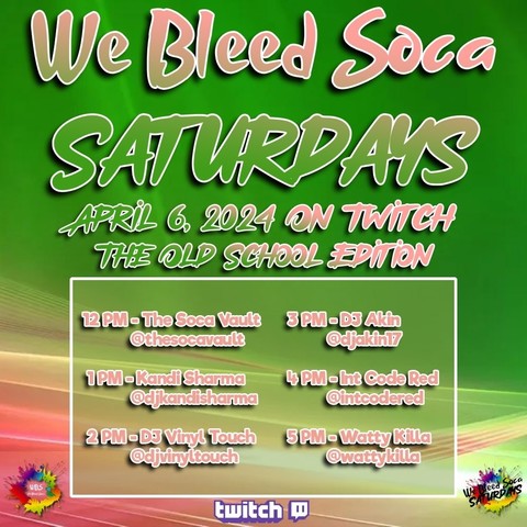 On April 6th,  We Bleed Soca Saturdays returns with, The Old School Edition!

We will be bringing the vibes with the classics, you will not hear anything after 2010, so get ready to say “I remember this Chune!"

The Vibes Start at 12PM EST and will feature: 

12 PM - The Soca Vault 
@thesocavault 

1 PM - Kandi Sharma 
@kandisharma 

2 PM - DJ Vinyl Touch 
@djvinyltouch 

3 PM - DJ Akin
@dj.akin 

4 PM - Int Code Red 
@intcodered 

5 PM - Watty Killa 
@wattykilla 

All the streams will be on twitch.tv, if you don't have an account, you can still enjoy the vibes! 

#webleedsoca #wbs #webleedsocasaturdays #Soca #socadj #oldschool #carnival #fete #music #socamusic #Barbados #Vincy #Grenada #Trinidad #virginislands #morethan4 #twitch #socaislife