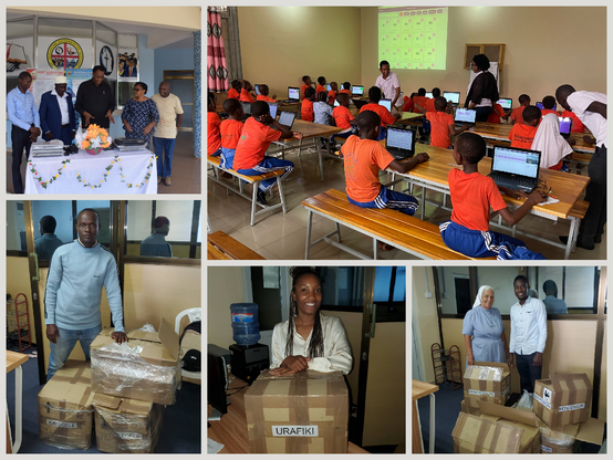 Collage aus 5 Fotos. In einem Klassenraum sitzen  ca. 30 Schulkinder in orangenen T-Shirts vor aufgeklappten Laptops. Vorne ein Lehrer mit Beamer. Dann ein Foto einer Dankzeremonie mit Geistlichen und Lehrern. Sowie 3 Fotos, die die Abholung der IT-Spenden aus dem Zwischenlager zeigen.