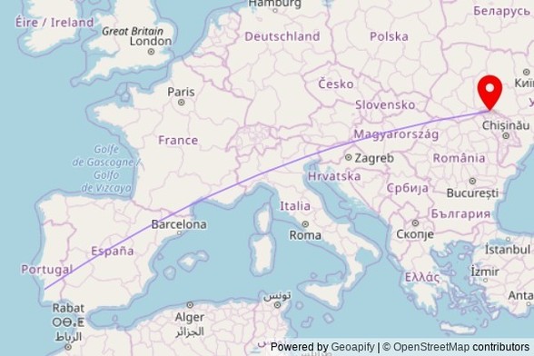 A map showing the great circle route from Sines in Portugal to a map pin at Sala Regatului a Martorilor lui Iehova, Strada Luceafărul, 53, MD-7101 Ocnița, Moldova