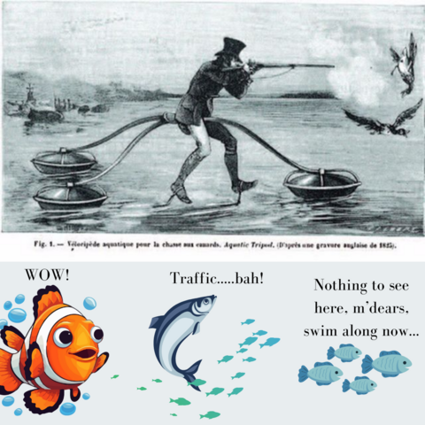 19th century illustration of a man hunting birds on the water, supported by a large tripod floating on circular floats; the man has stilts(?) attached to his feet and is propelling himself with those.
Beneath him, various fish swim on, complaining about traffic, one fish says to her children 'Nothing to see here, m'dears, swim along now...'