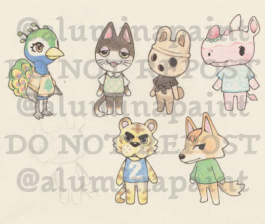 a traditional artwork of characters from ACNH. from left to right/top to bottom: Julia, the Snooty peacock-colored ostrich; Punchy, the Lazy black and white cat; Coco, the very special Normal rabbit; Merengue, the strawberry Rhino; Tybalt, the yellow and brown Jock tiger; and lastly Chief, the red-ish brown Cranky wolf. 