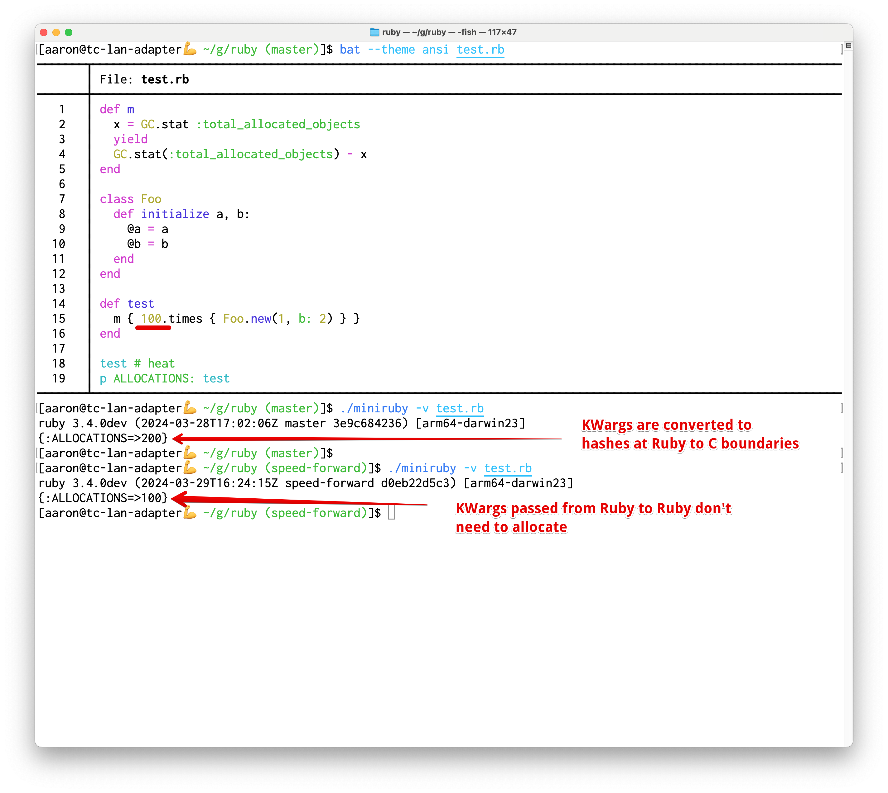 Allocation benchmark showing that Ruby's master branch allocates 2 objects for every one object, but the test branch allocates only one.