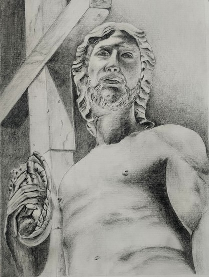 Pencil sketch of Michelangelo's 'Risen Christ' showing Christ holding the cross.