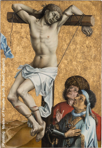 Renaissance painting "The Crucified Thief" by Robert Campin (ca. 1430), showing a man tied to a cross with ropes. To other men standing next and looking up to him.