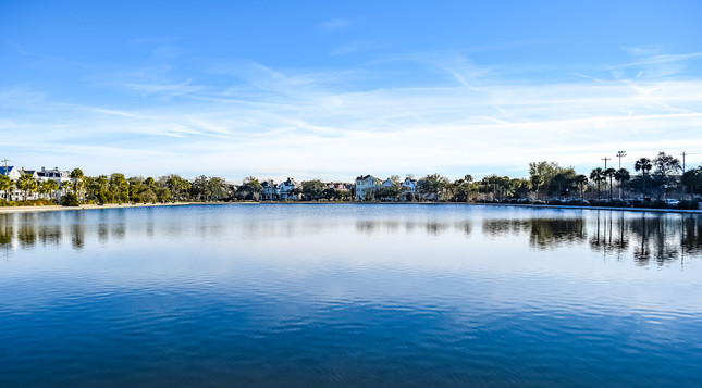 A wide-angle picture of Colonial Lake in Charleston SC shot down the long dimension of the lake