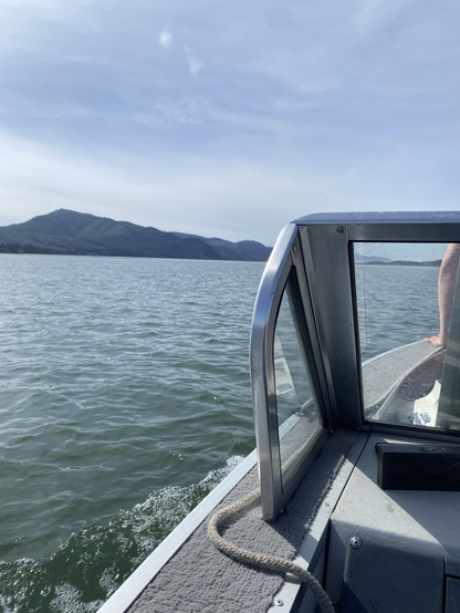 View from a boat on a sunny day in the southern end of Netarts Bay, OR. The waters are calm, and perspective is looking at the hills on the southern rim of the bay, and past the view of the boat’s passenger windshield and my arm a small part of the Netarts Spit is visible.