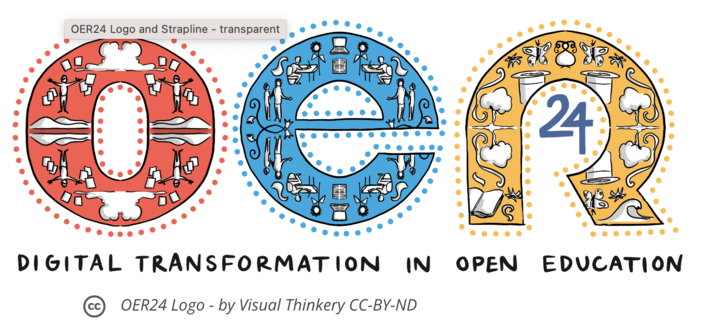 the letter o, e, r in red blue and yellow respectively, illuminated with tiny drawings inside, sit above the legend digital transformation in open education and a CC licence by Visual Thinkery
