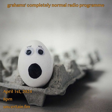 A black and white photo of an egg in a paperboard tray. The egg has a face applied to it using two plastic googly eyes. A mouth, in an open circle shape, and eyebrows are drawn on with a marker. 

Orange text overlaid promoting a radio show, details in the main post.