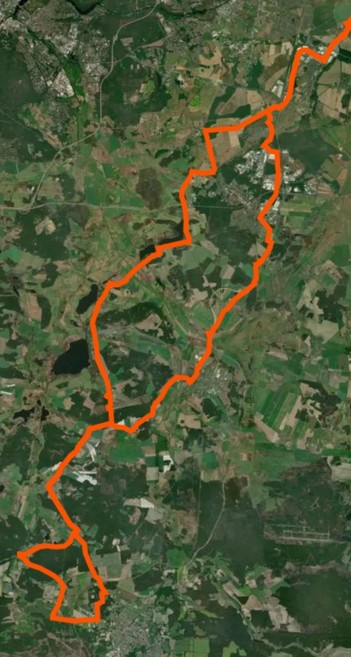 Farbfoto: Screenshot der aufgezeichneten Route vom Südwesten Berlins nach Süden raus durch die Nuthe-Nieplitz-Region bis Gottsdorf, auf etwas anderer Route über Trebbin und Thyrow zurück. 