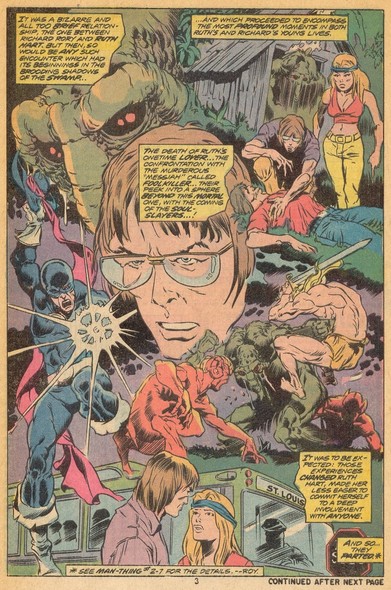 a page from the comic book, the main character, a young man wearing glasses, thinking about all the things that've been happening lately, crazy monsters and characters swirling about his head in the middle of the page 