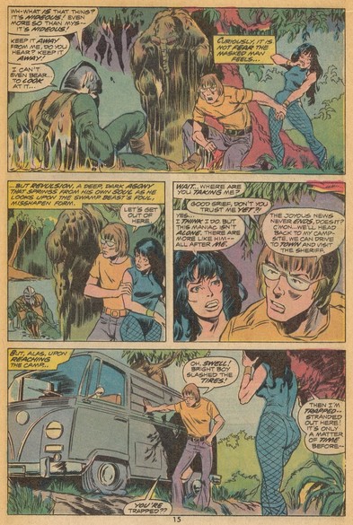 the young man and a girl in blue, running from an armored man wearing a mask and holding a large weapon, they are trying to get into their van to drive away , the man-thing alongside them 