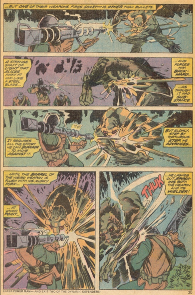 the armored man shooting the bazooka-style blaster at man-thing, he continues advancing towards him, overwhelming the armored man 