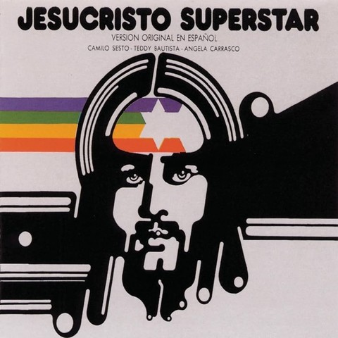Portada del disco que recoge la BSO del montaje de Jesucristo Superstar en español. Se ve la cara de Jesucristo, con cierto parecido a Camilo, respetada en silueta blanca y negra con una banda arcoiris que rodea una estrella de David blanca que tiene en la frente y sale de ella hacia la izquierda de la imagen. Discogs.