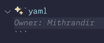 Copilot suggesting “Owner: Mithrandir” for an empty YAML block in a readme