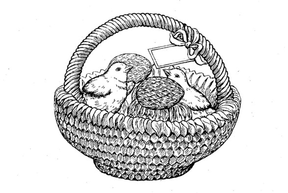 round, apparently woven Easter basket with at two chicks and at least two eggs inside