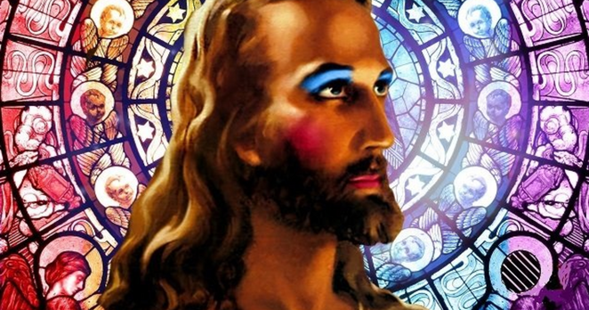 A photo edit of Jesus with visible eye shadow and blush in front of a church window illuminated in the colours of the transgender flag.