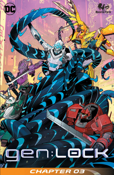 the cover of the comic book, in the upper left corner is the 'dc comics' logo, a group of armored heroes are fighting a whirling twisting snake-type monster in a city setting , at the bottom in thin silver futuristic letters it reads 'gen: lock' and underneath 'chapter 3' 