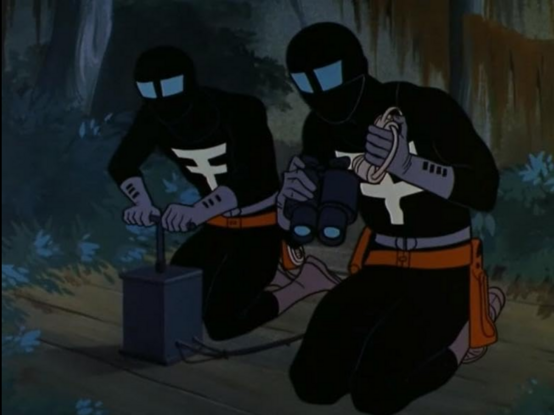an image from the cartoon, 2 men in black suits with square eyes in the masks, very ninja-like, getting ready to set off dynamite, they are on their knees in the dark woods 