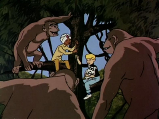 jonny, haji, and bandit in a tree together, surrounded by large brown gorillas 