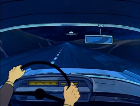 an image, a first person view of driving in a car down the road, a flying saucer approaching the car, at night time 