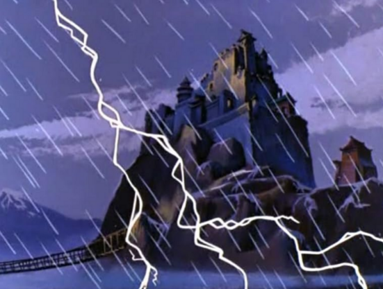 an image from the cartoon of a dark castle on top of a mountain, rain coming down from left to right diagonally, a large streak of lightning blasting across the sky in front of the viewer 