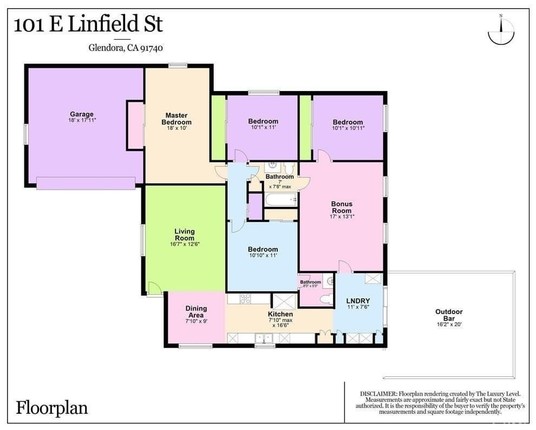 Floor plan of a residential property, detailing room dimensions and layout for various spaces including bedrooms, bathrooms, living room, kitchen, and garage.