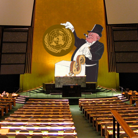 A robber baron steals the United Nations seal from the General Assembly room