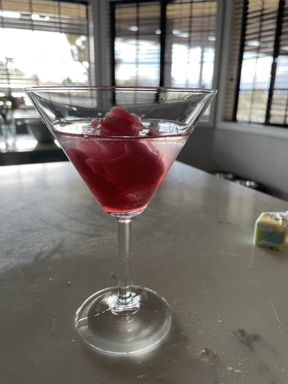 Martini glass with a scoop of blood orange sorbet, and some gin.
