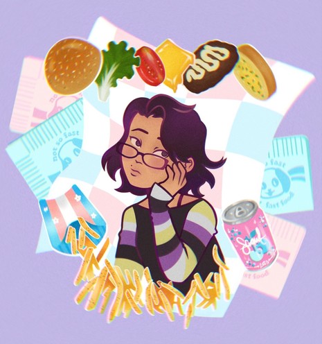 The drawing of the half body of a tan girl with short hair, square glasses and long sleeve shirt with the colors of the nonbinary flag on the sleeves and wishful and bored side look on a light purple with fastfood chain napkins background with the colors of the trans flag. a hamburger showing its ingredients, an order of fries and a cold can of soda frame the girl.
The signature of the artist can be appreciated on the can of soda.