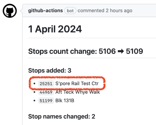 Screenshot of a GitHub Actions comment showing a list of changes including "Stops count change" and highlighted text indicating a specific stop added, labeled "S'pore Rail Test Ctr".