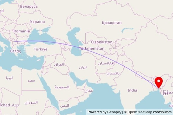 A map showing the great circle route from Mirkovci in Macedonia to a map pin at Lalpol Central Mosque Mosque, Feni - Sonagazi - Muhuriganj Project Road, Dak Bangla, Sujapur - 3930, Bangladesh