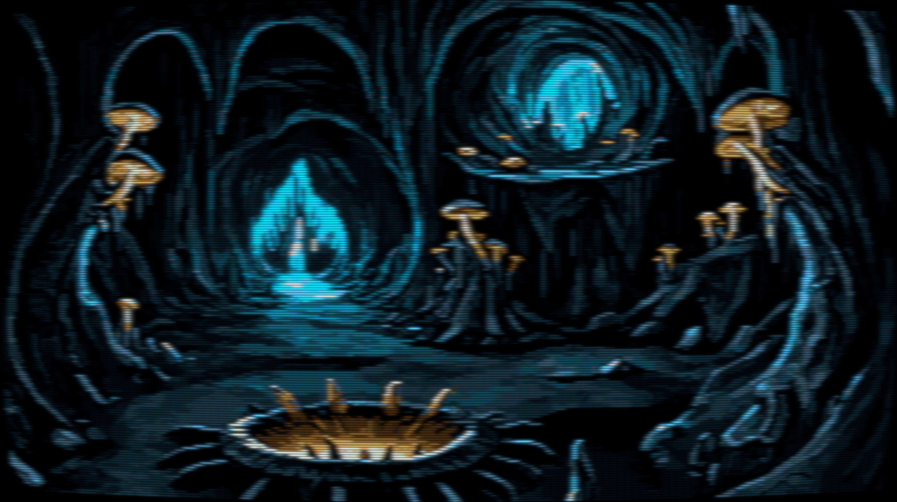 Pixel art of an ethereal cavern, vast and whispering secrets in mineral tongues. Here, the stalactites and stalagmites reach out like fingers of giants, frozen mid-embrace in a glittering display of silent music. The walls themselves seem alive, aglow with the gentle luminescence of mushrooms that dot the rough canvas of stone. This world bends and warps the very fabric of reality through its distorted perspective. In this grotto, light drips and pools, a celestial liquid amber, casting an otherworldly radiance that speaks of ancient magic and timeless mysteries. It teases the senses, a symphony of colour and form that resonates with the primal allure of the untamed and unseen. It is a place where the heartbeat of the earth is visible in the shimmering air, and every speckle of light is a note in a visual serenade to the surreal. The image has a CRT filter applied.