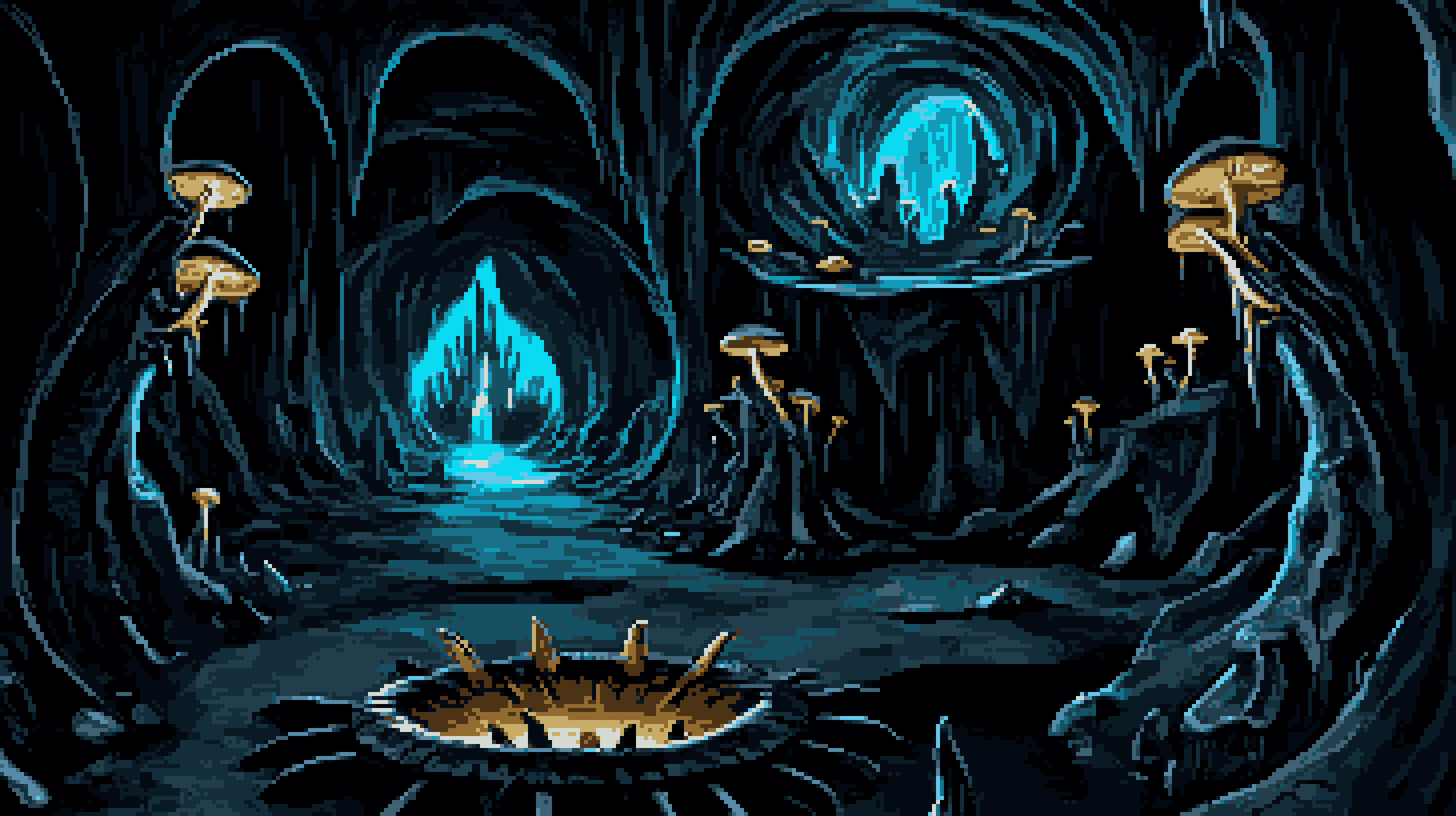 Pixel art of an ethereal cavern, vast and whispering secrets in mineral tongues. Here, the stalactites and stalagmites reach out like fingers of giants, frozen mid-embrace in a glittering display of silent music. The walls themselves seem alive, aglow with the gentle luminescence of mushrooms that dot the rough canvas of stone. This world bends and warps the very fabric of reality through its distorted perspective. In this grotto, light drips and pools, a celestial liquid amber, casting an otherworldly radiance that speaks of ancient magic and timeless mysteries. It teases the senses, a symphony of colour and form that resonates with the primal allure of the untamed and unseen. It is a place where the heartbeat of the earth is visible in the shimmering air, and every speckle of light is a note in a visual serenade to the surreal. 